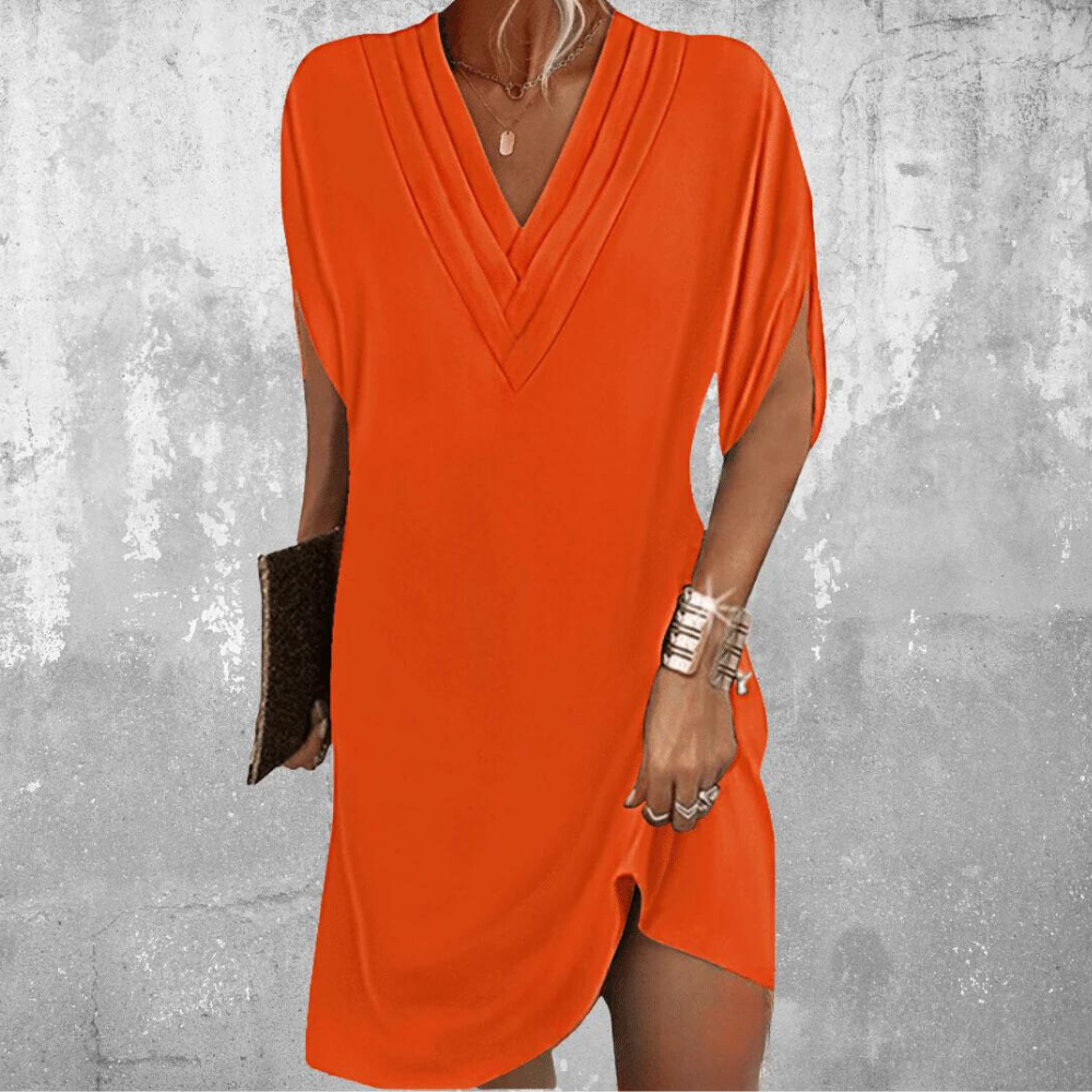 Women's Elegant Black V-Neck Dress with Split Sleeves for Versatile Style
