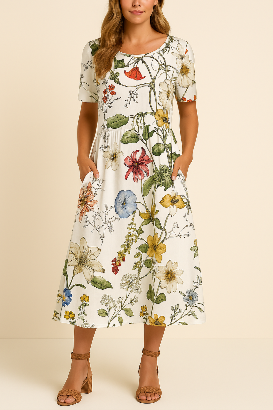 Women's Floral Midi Dress, Airy Fabric for Casual & Formal Events