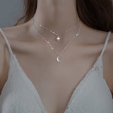 Silver Double Necklace with Moon and Light Design