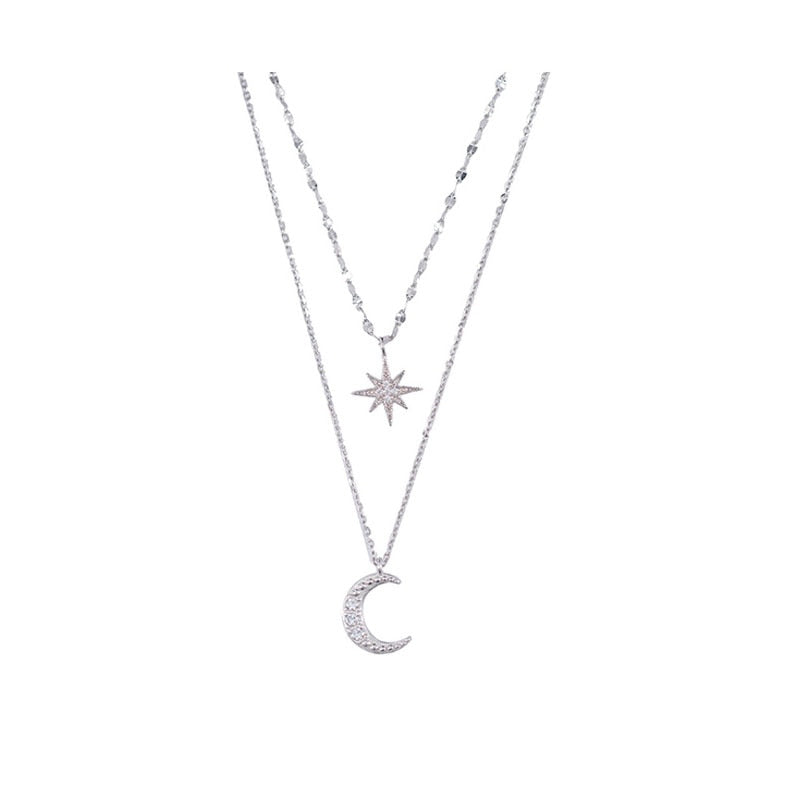 Silver Double Necklace with Moon and Light Design