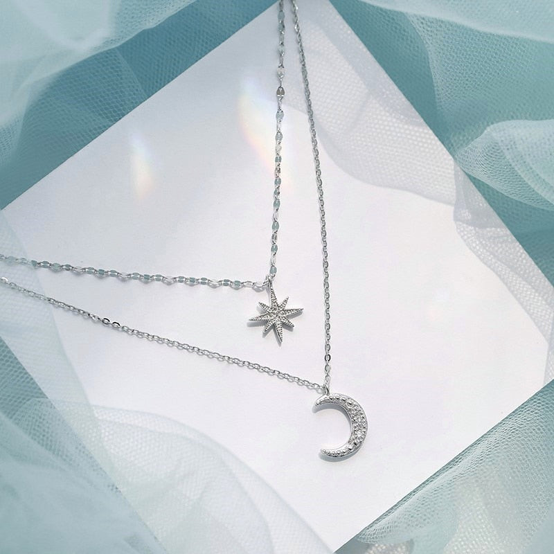 Silver Double Necklace with Moon and Light Design