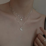 Silver Double Necklace with Moon and Light Design
