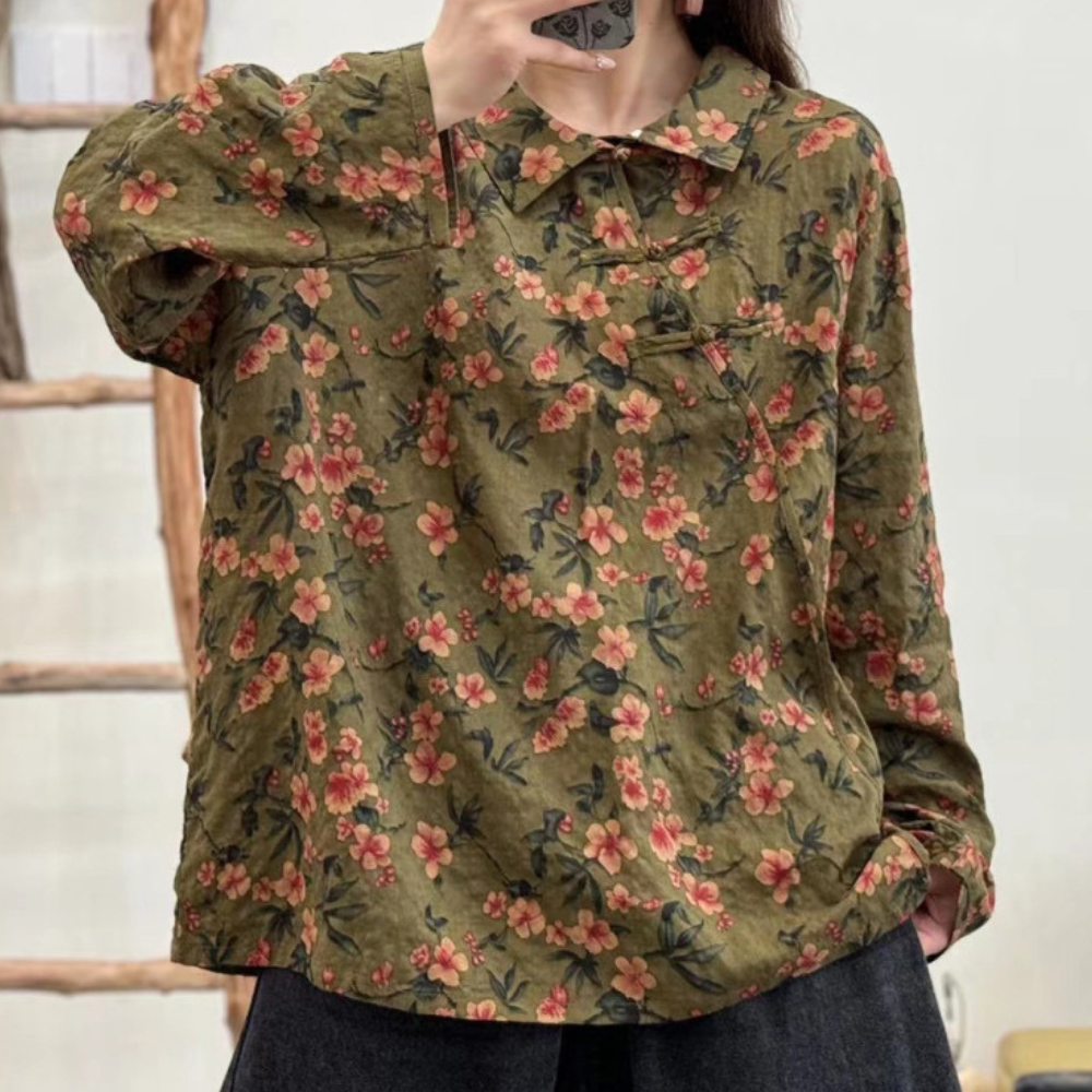 Women's  Olive Green Cotton Floral Shirt