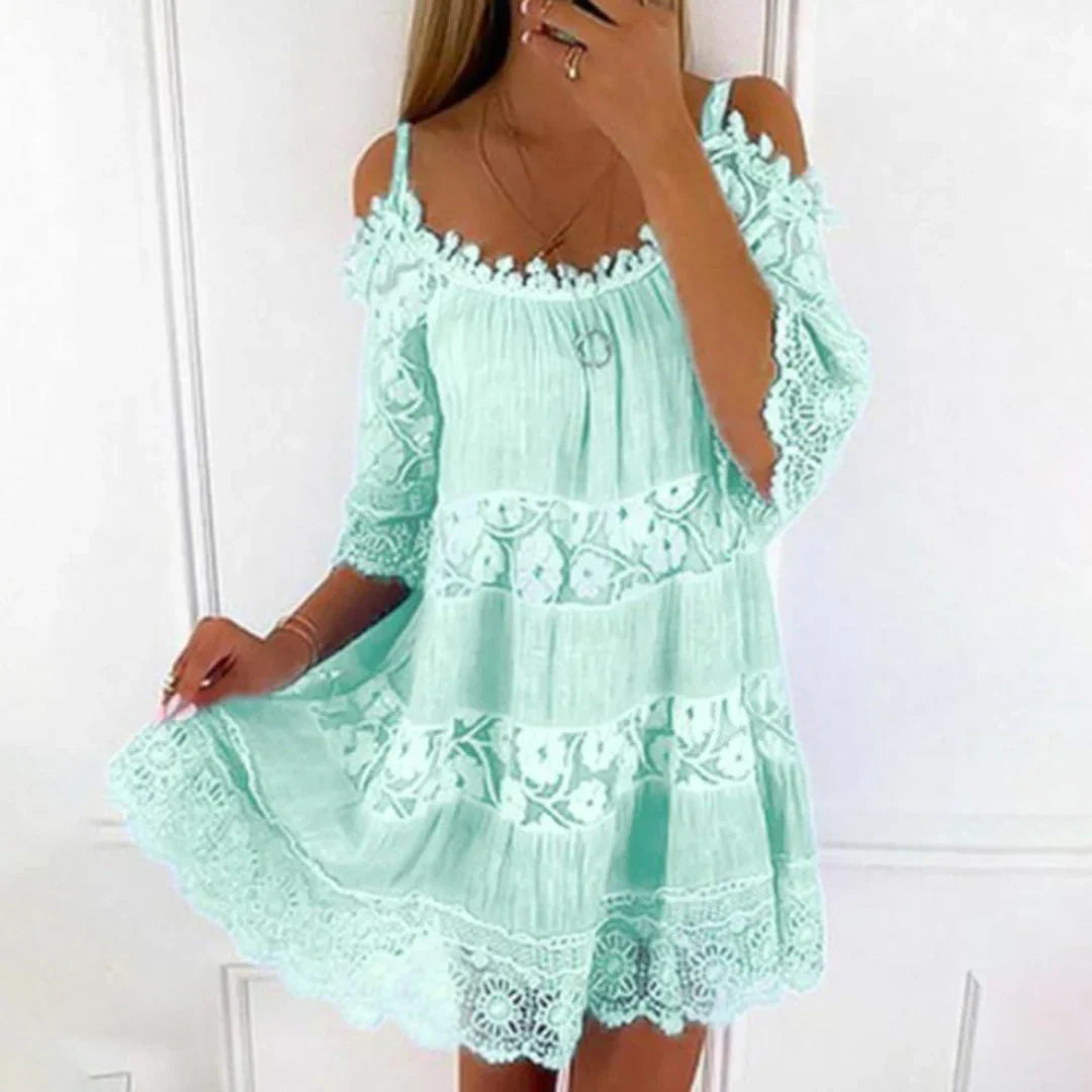 Women's Summer Dress - Crocheted Lace Cold Shoulder Mini Dress
