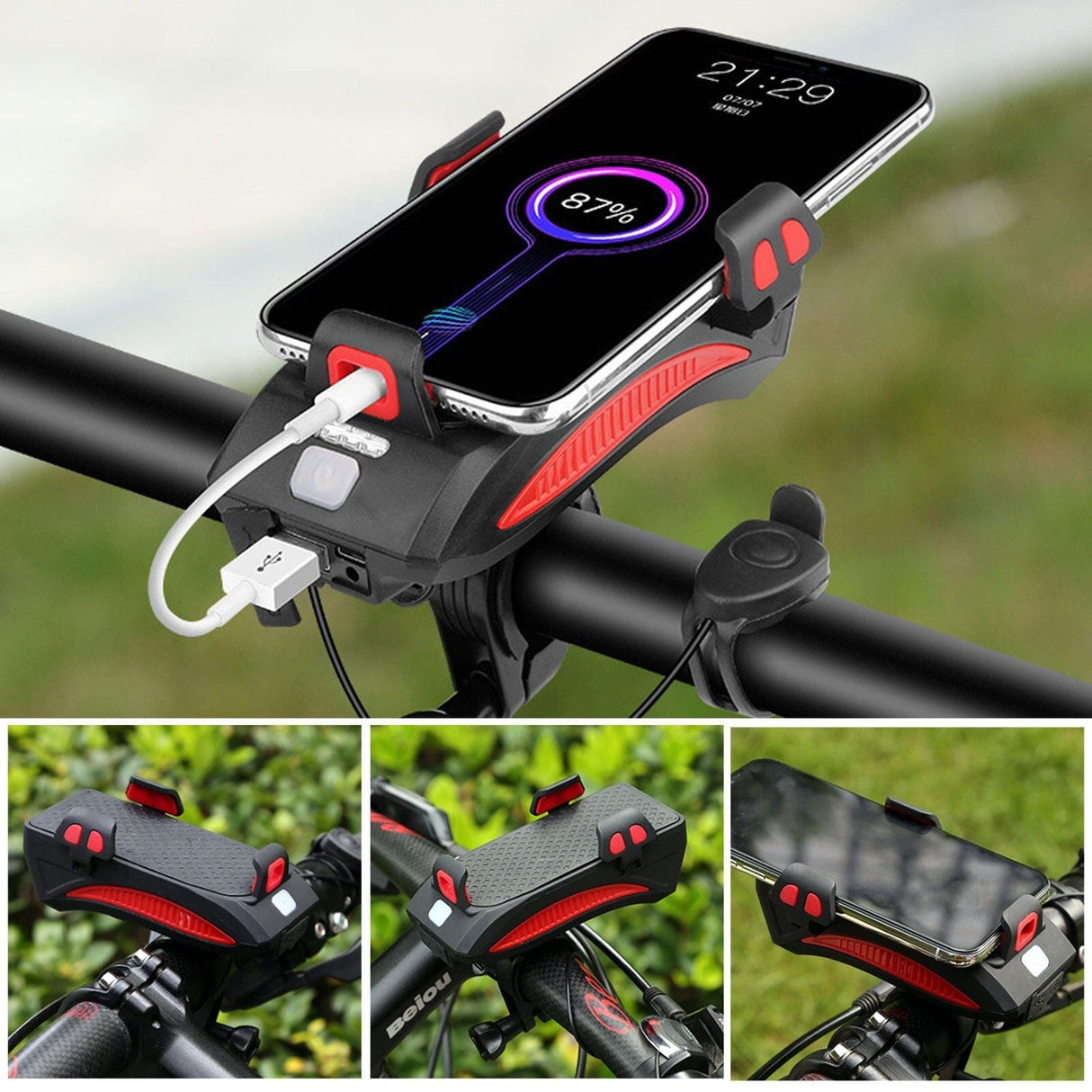 4-in-1 Rechargeable Bike Lights with Powerbank, Phone Holder, and Electronic Horn – LED Safety Lamp for Bicycles