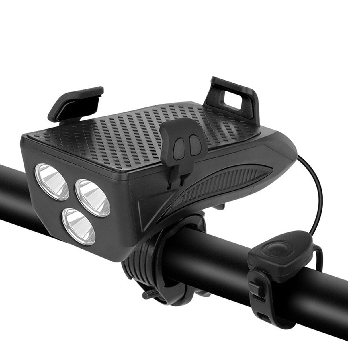 4-in-1 Rechargeable Bike Lights with Powerbank, Phone Holder, and Electronic Horn – LED Safety Lamp for Bicycles