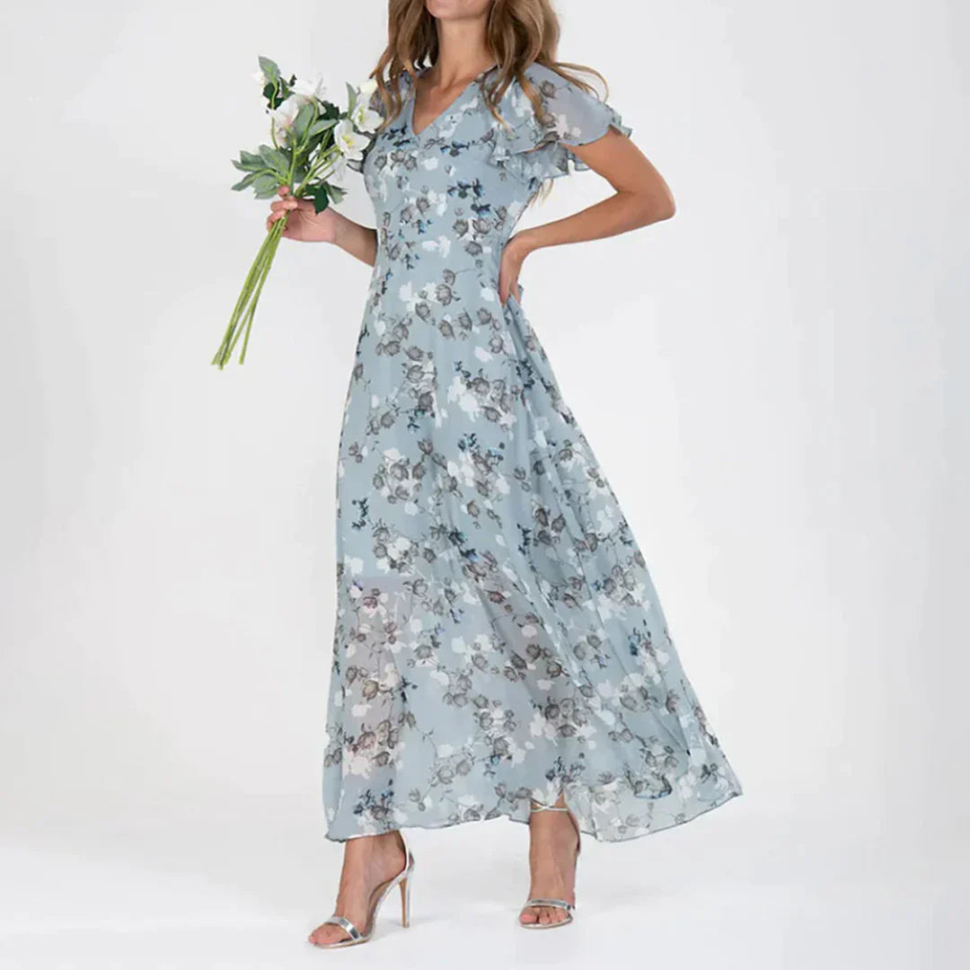 Vintage Floral Print Maxi Dress for Women - Lightweight Chiffon Summer Dress