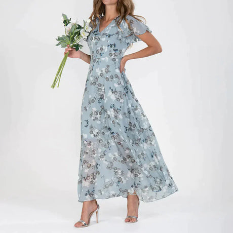 Vintage Floral Print Maxi Dress for Women - Lightweight Chiffon Summer Dress