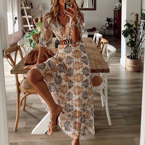 Women's Boho Maxi Dress with Flattering V-Neck for Summer Elegance