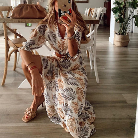 Women's Boho Maxi Dress with Flattering V-Neck for Summer Elegance