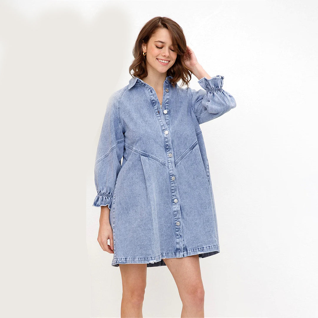 Vintage Denim Shirt Dress with Lantern Sleeves for Effortless Summer Style