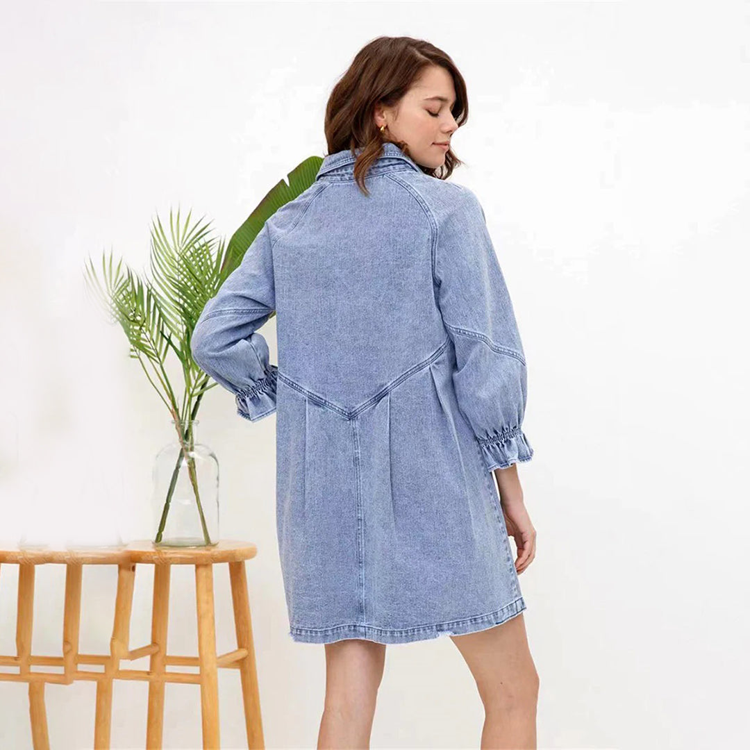Vintage Denim Shirt Dress with Lantern Sleeves for Effortless Summer Style