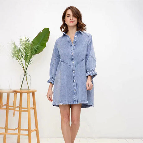 Vintage Denim Shirt Dress with Lantern Sleeves for Effortless Summer Style