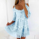Women's Summer Dress - Crocheted Lace Cold Shoulder Mini Dress