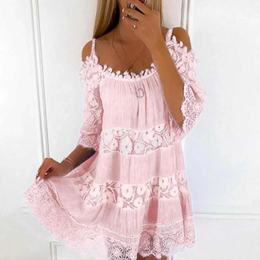 Women's Summer Dress - Crocheted Lace Cold Shoulder Mini Dress