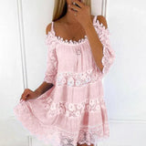 Women's Summer Dress - Crocheted Lace Cold Shoulder Mini Dress