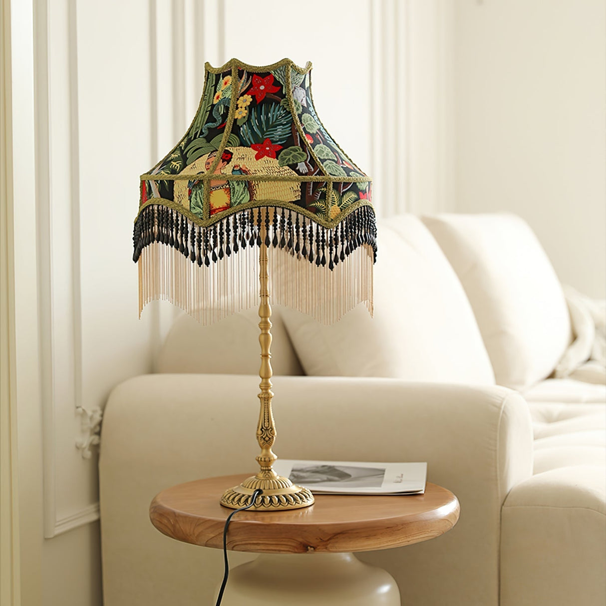 VintageBloom - Tafel Lamp in Franse Bloemmotief met Franje