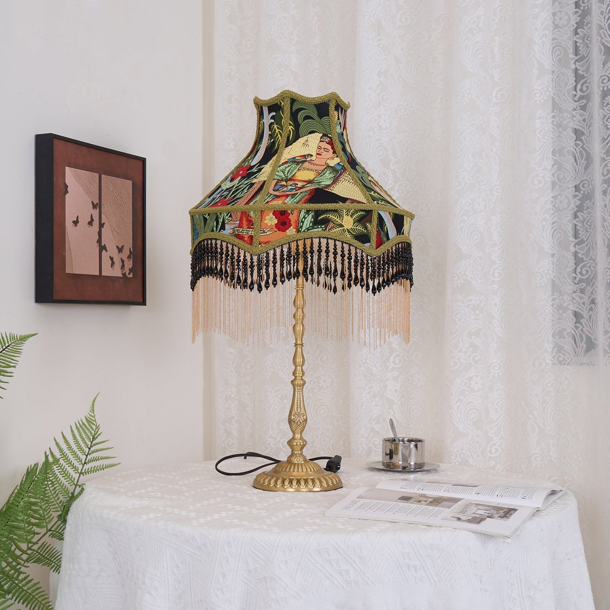 VintageBloom - Tafel Lamp in Franse Bloemmotief met Franje