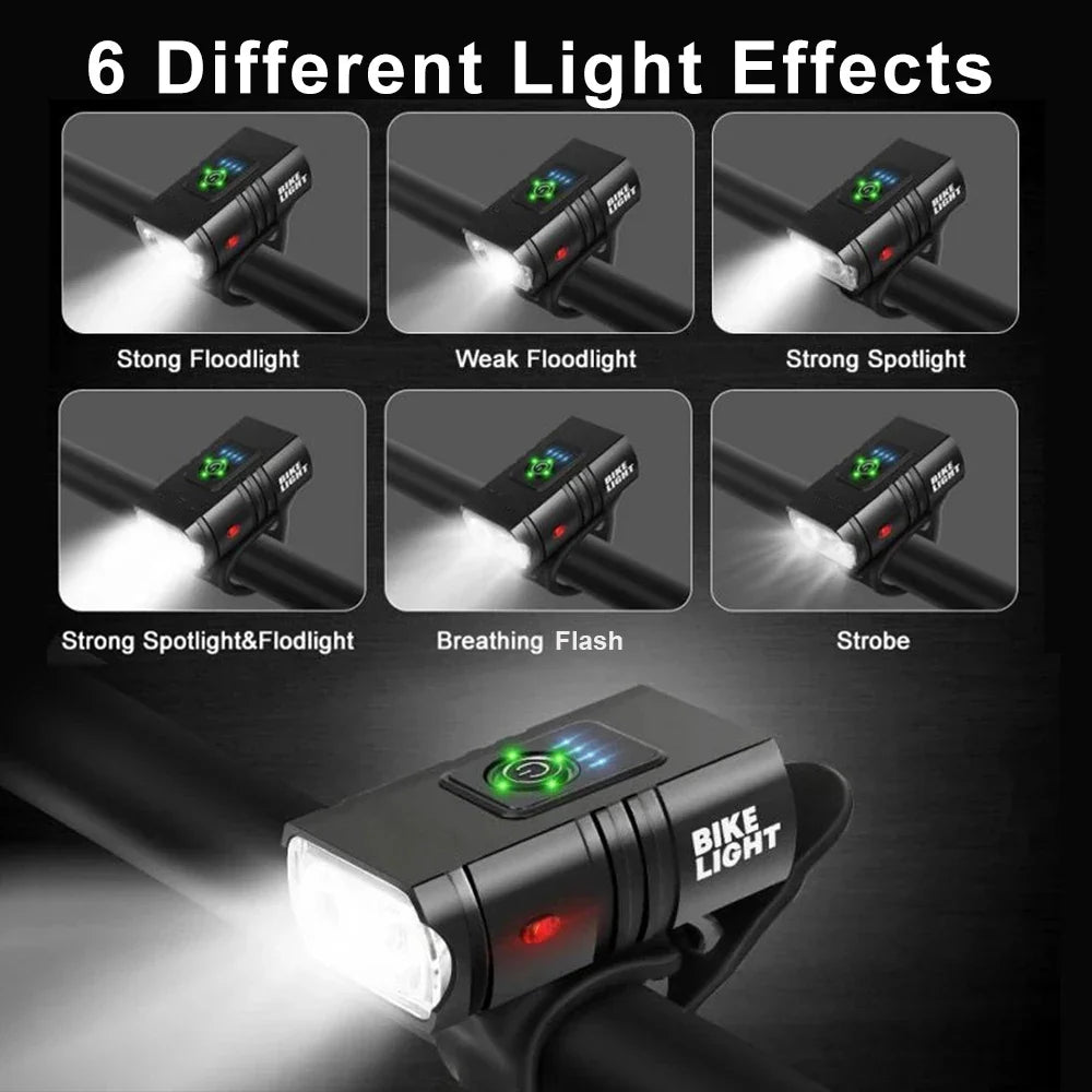 USB Rechargeable Bicycle Light Set - 1500 Lumens LED Headlight and Rear Light with 6 Modes for Night Riding Safety