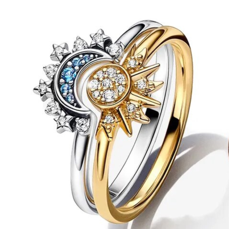 Silver Crystal Ring with Sun and Moon Design