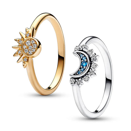 Silver Crystal Ring with Sun and Moon Design