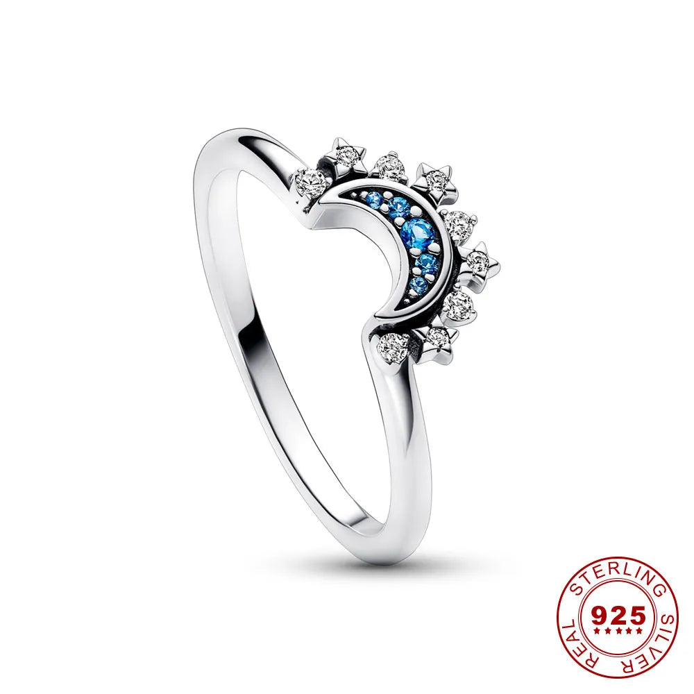 Silver Crystal Ring with Sun and Moon Design