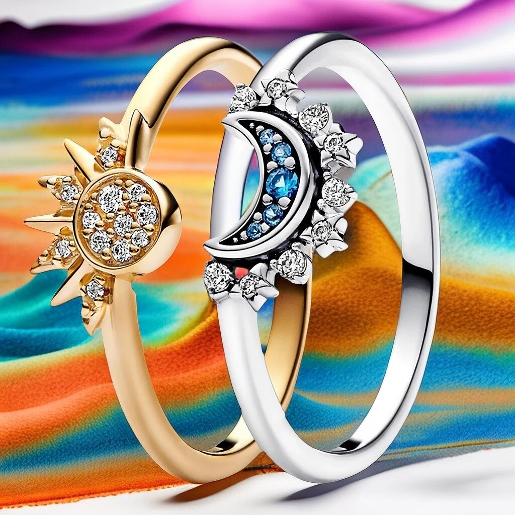 Silver Crystal Ring with Sun and Moon Design