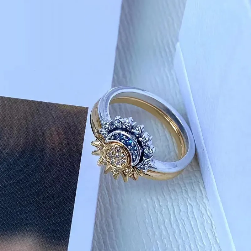 Silver Crystal Ring with Sun and Moon Design