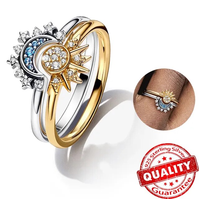 Silver Crystal Ring with Sun and Moon Design
