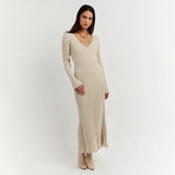 Stone-Knitted Long Sleeve Maxi Dress with Adjustable Waist for Women