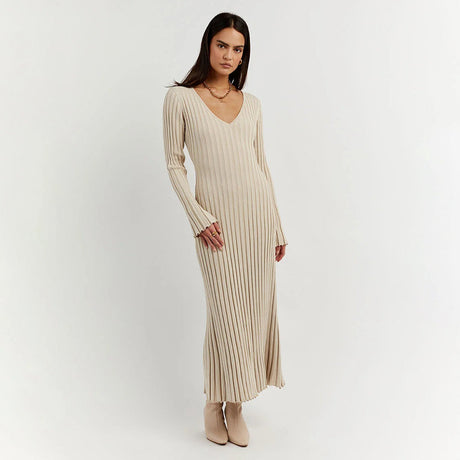 Stone-Knitted Long Sleeve Maxi Dress with Adjustable Waist for Women