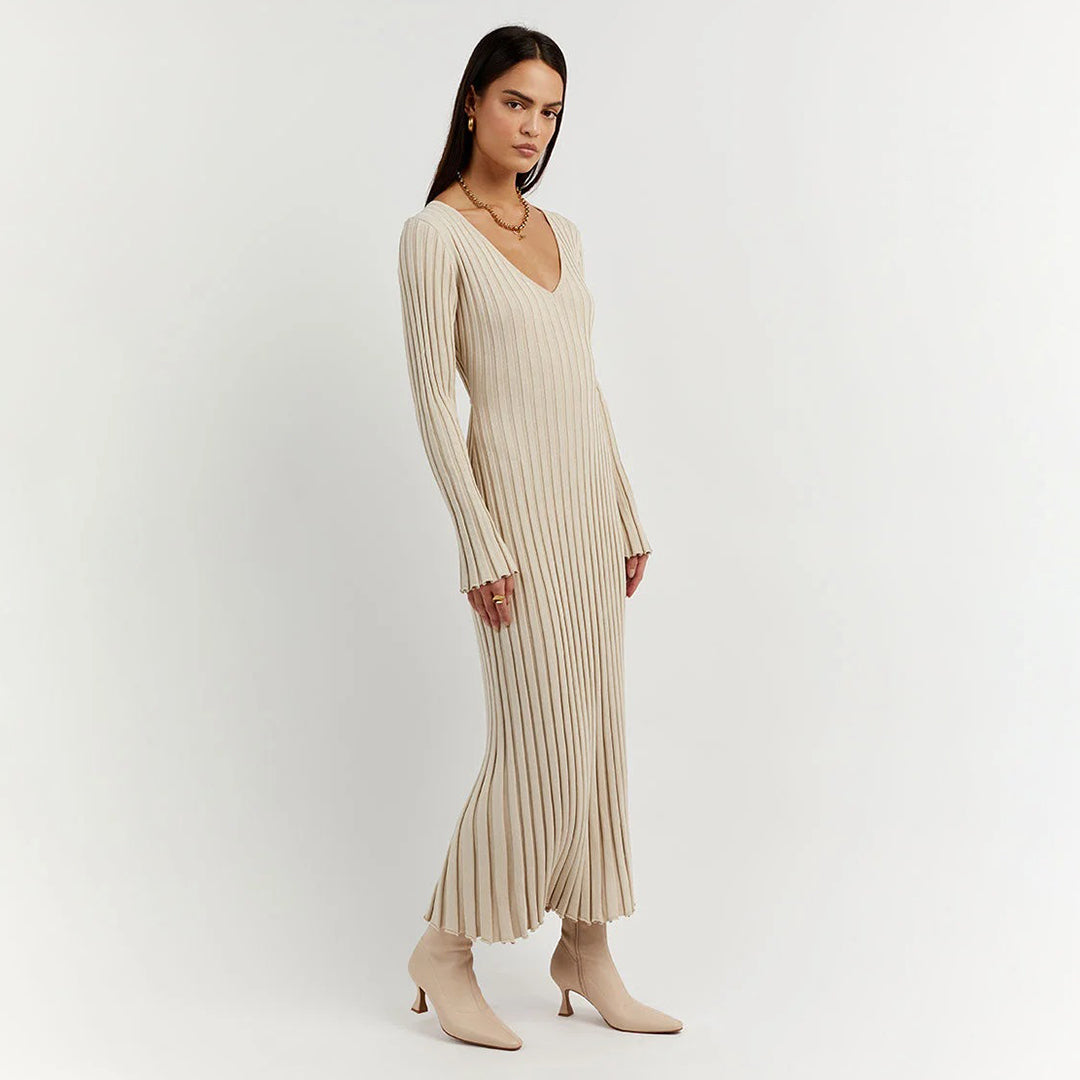 Stone-Knitted Long Sleeve Maxi Dress with Adjustable Waist for Women