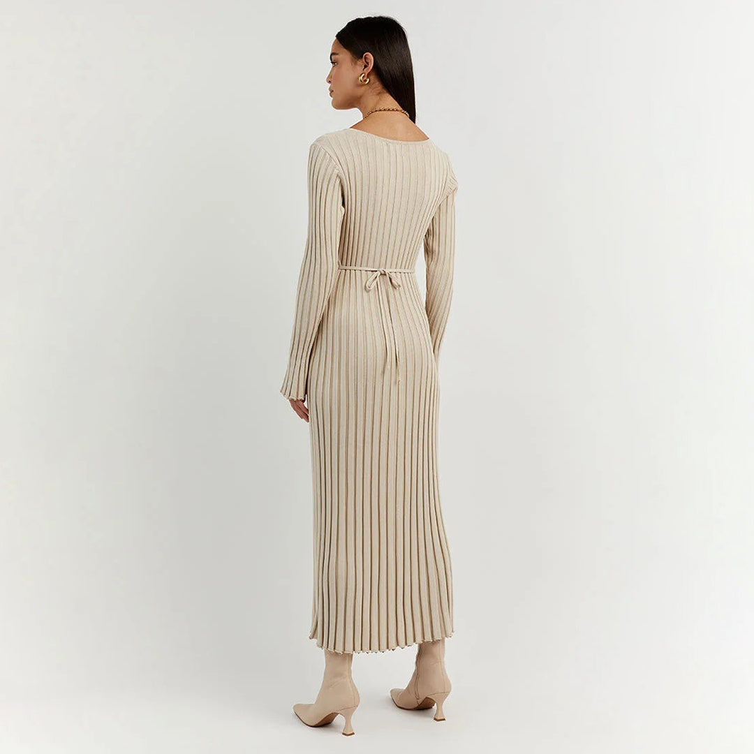 Stone-Knitted Long Sleeve Maxi Dress with Adjustable Waist for Women