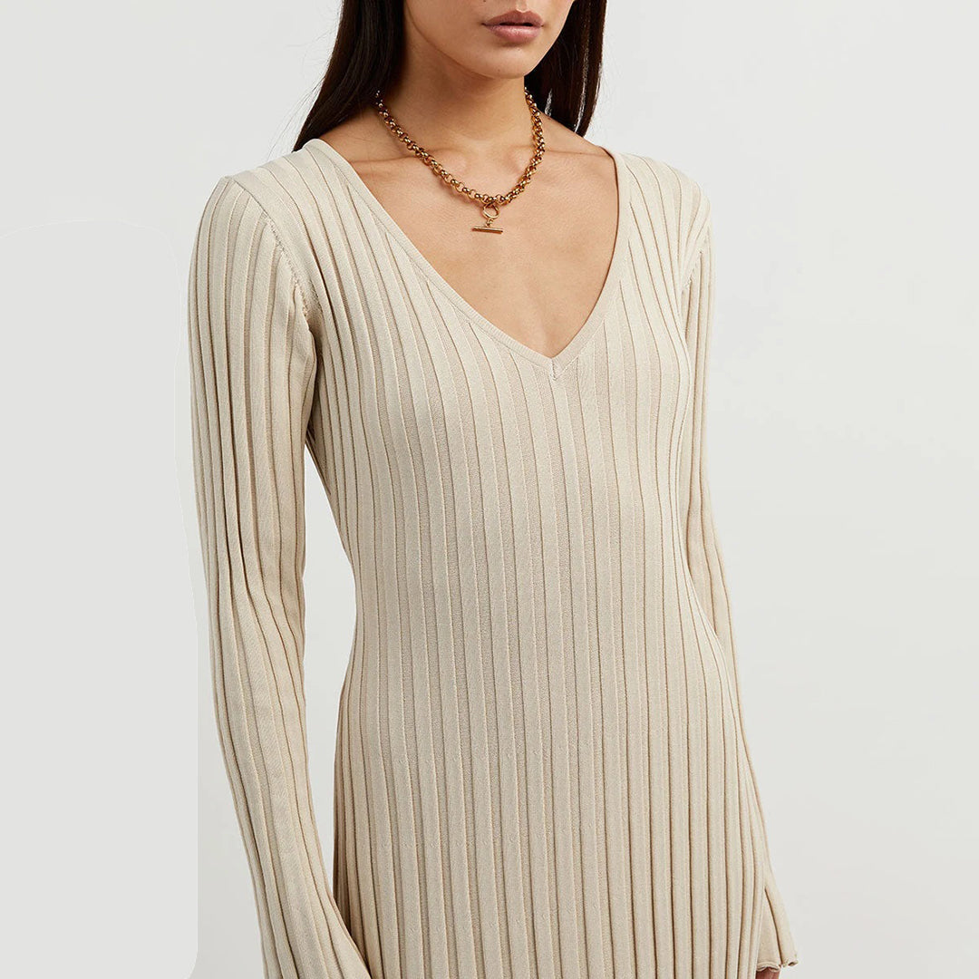 Stone-Knitted Long Sleeve Maxi Dress with Adjustable Waist for Women