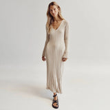 Stone-Knitted Long Sleeve Maxi Dress with Adjustable Waist for Women