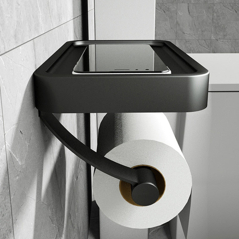 Wall-Mounted Toilet Paper Holder with Black Shelf
