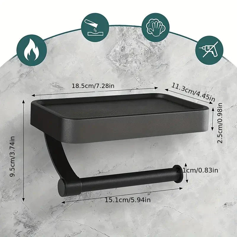 Wall-Mounted Toilet Paper Holder with Black Shelf