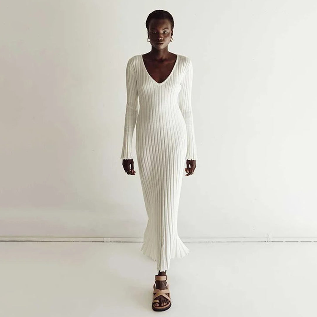 Stone-Knitted Long Sleeve Maxi Dress with Adjustable Waist for Women