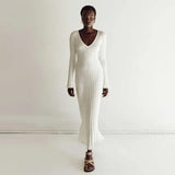 Stone-Knitted Long Sleeve Maxi Dress with Adjustable Waist for Women