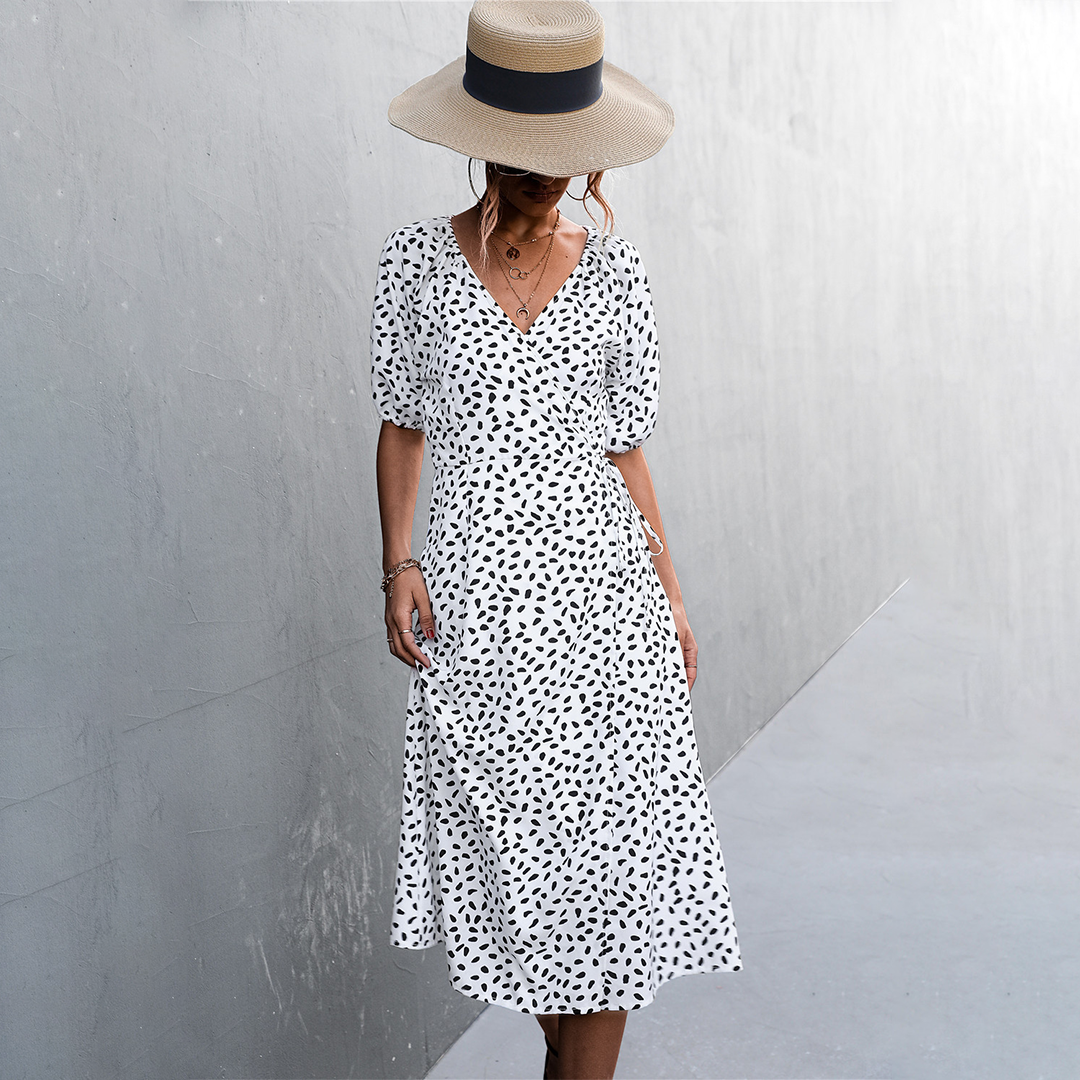 Summer Cross V-Neck Midi Dress - Black Dress with Split Detail for Women