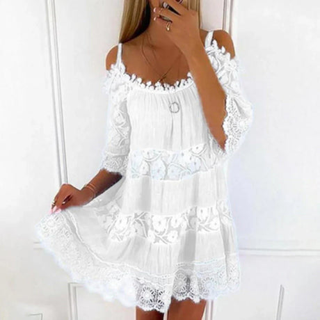 Women's Summer Dress - Crocheted Lace Cold Shoulder Mini Dress