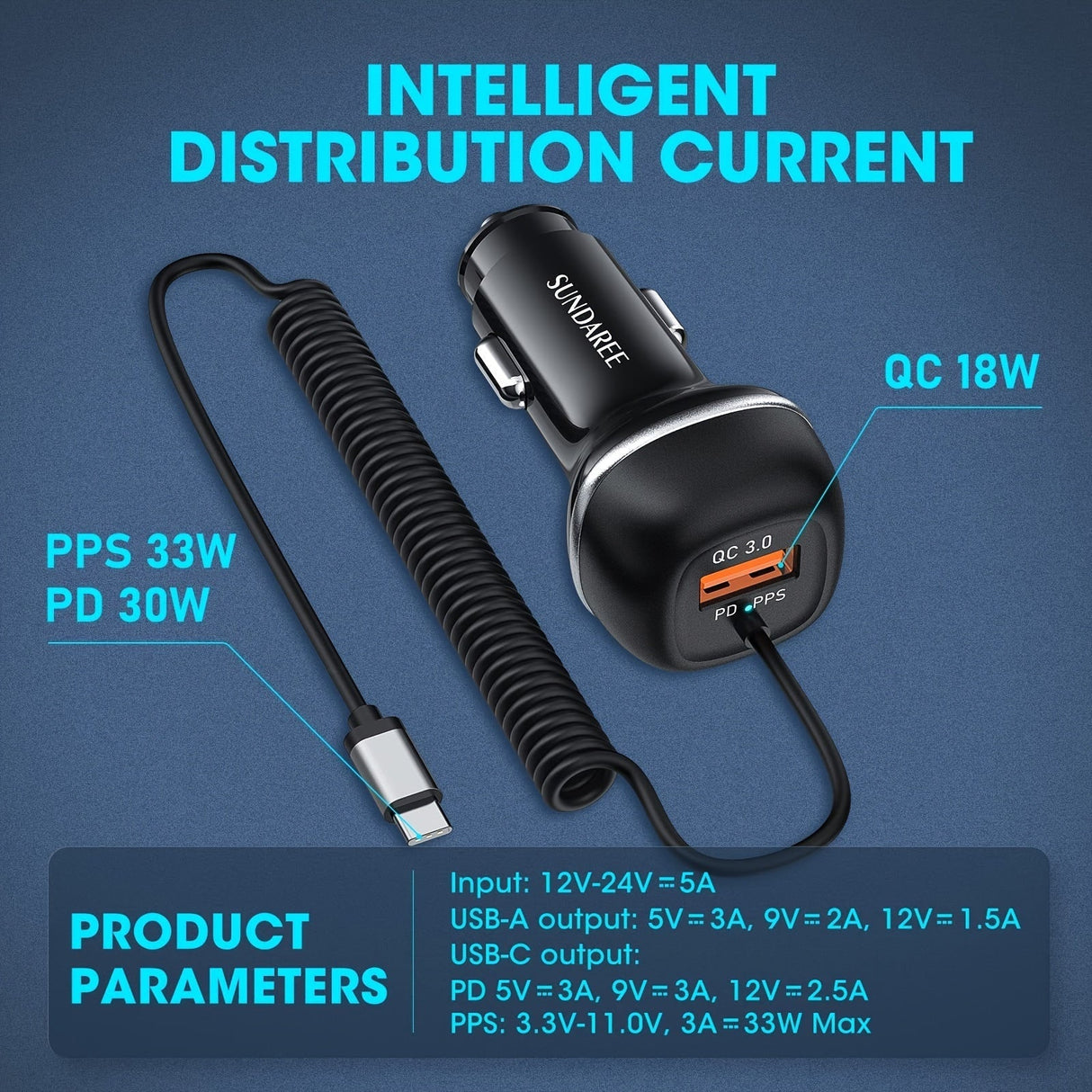 Fast USB-C Car Charger with 51W Power, 3 Ports and QC 3.0 Technology for Multiple Devices Charging