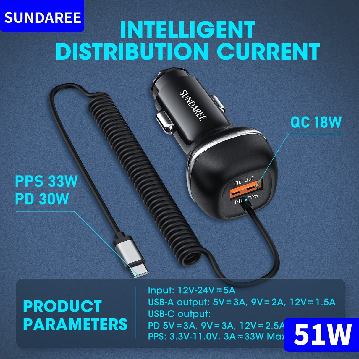 Fast USB-C Car Charger with 51W Power, 3 Ports and QC 3.0 Technology for Multiple Devices Charging