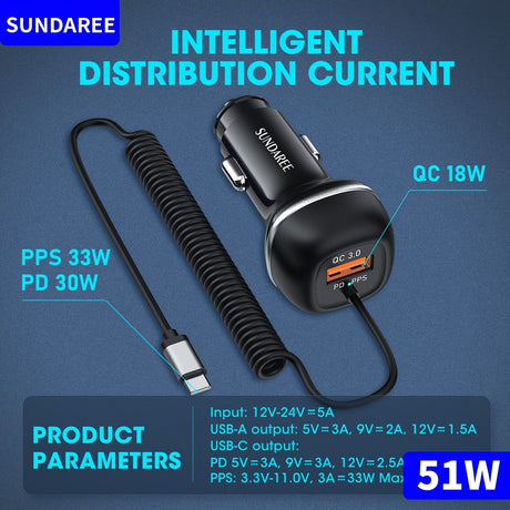 Fast USB-C Car Charger with 51W Power, 3 Ports and QC 3.0 Technology for Multiple Devices Charging