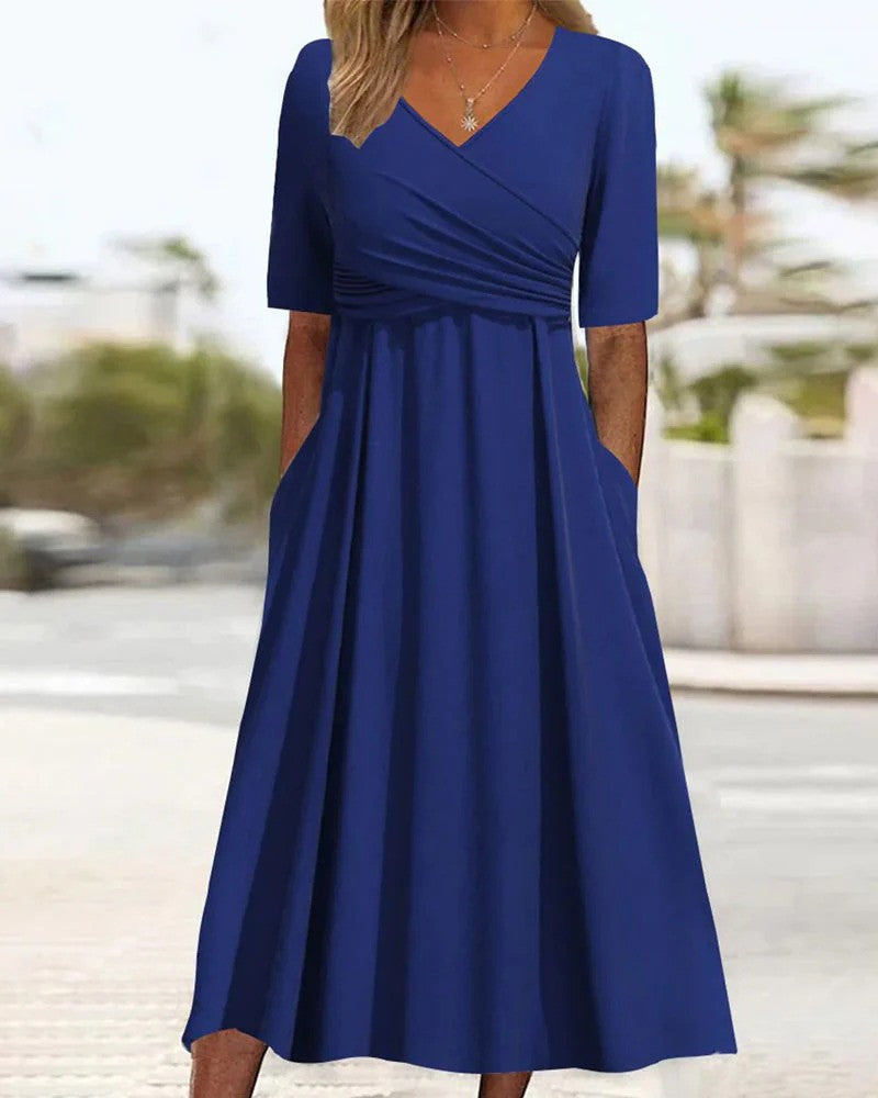 Vintage Women's Dress with V-Neck and Short Sleeves for Timeless Elegance