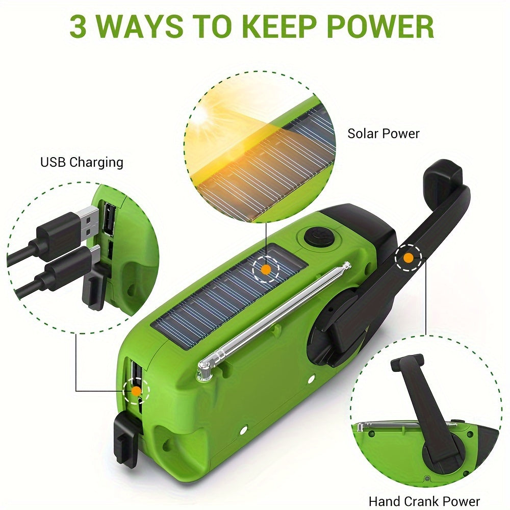 Compact Emergency Radio with 2000mAh Power Bank, Solar, Hand Crank, and Built-in Flashlight for Outdoor Use