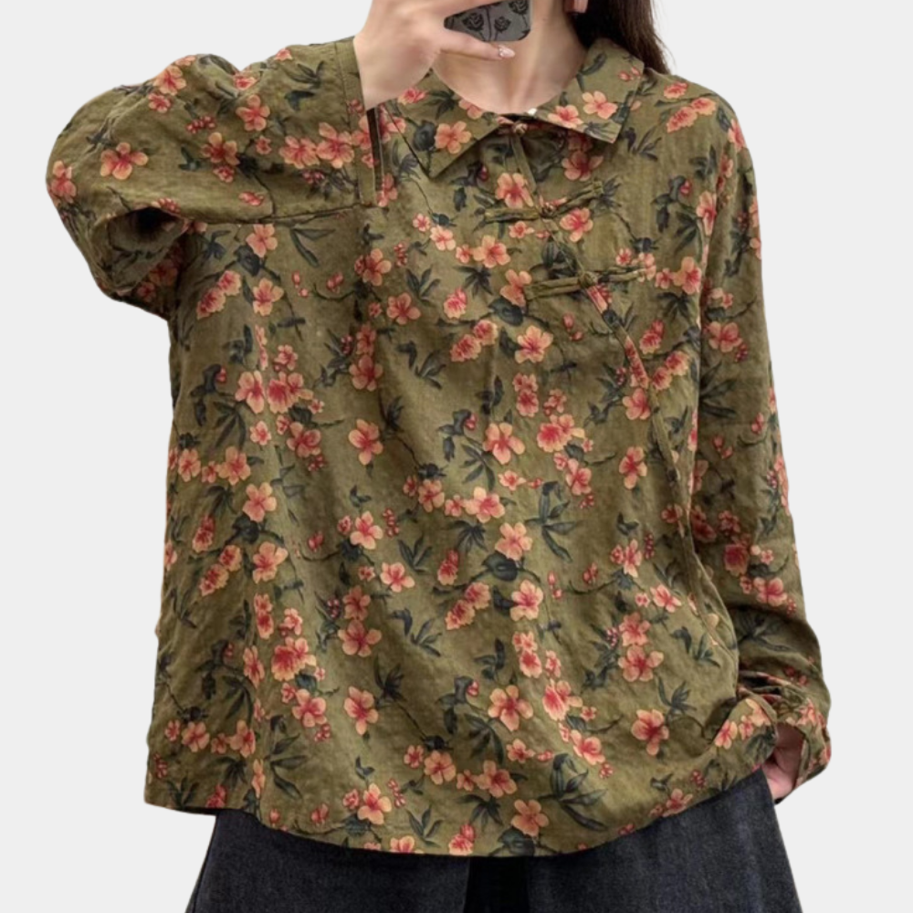 Women's  Olive Green Cotton Floral Shirt