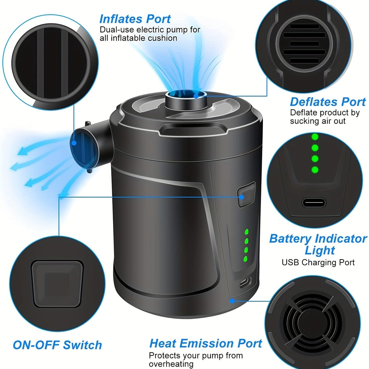 Rechargeable Wireless Mini Electric Air Pump - Lightweight USB Pump for Outdoor Use, Inflates Air Beds and More