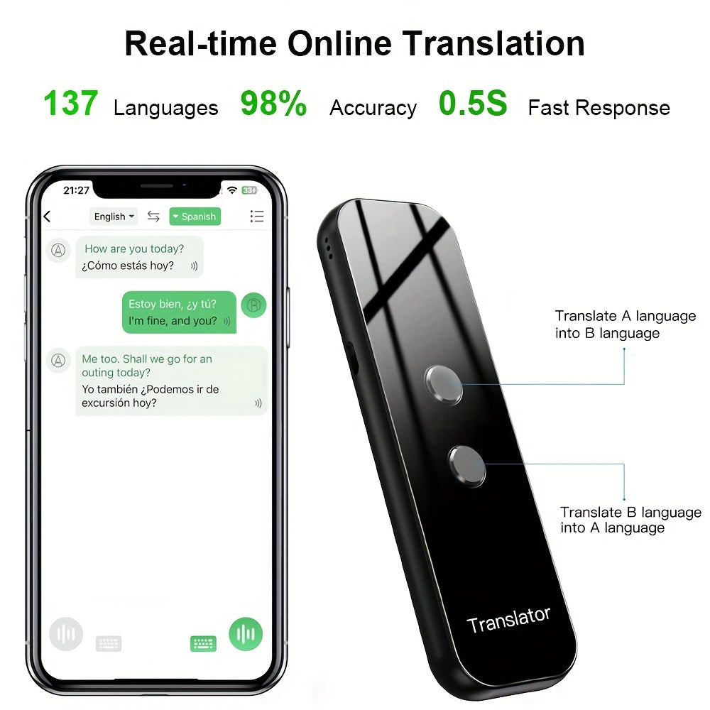 Portable Two-Way Language Translator with Built-In Wi-Fi and USB Rechargeable Battery - Compact Travel Device for Effortless Communication