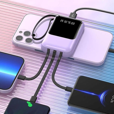10000mAh Portable Power Bank with Fast Charging and Built-in Cables – Compact Phone Charger with LED Display